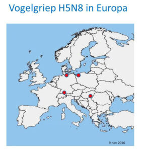kaart met verspreiding H5N8 in Europa d.d. 9-11-2016