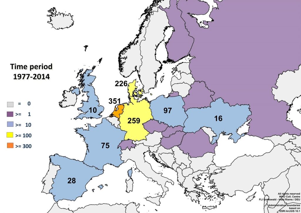 kaart met gemelde gevallen van vleermuizenrabiës in Europa