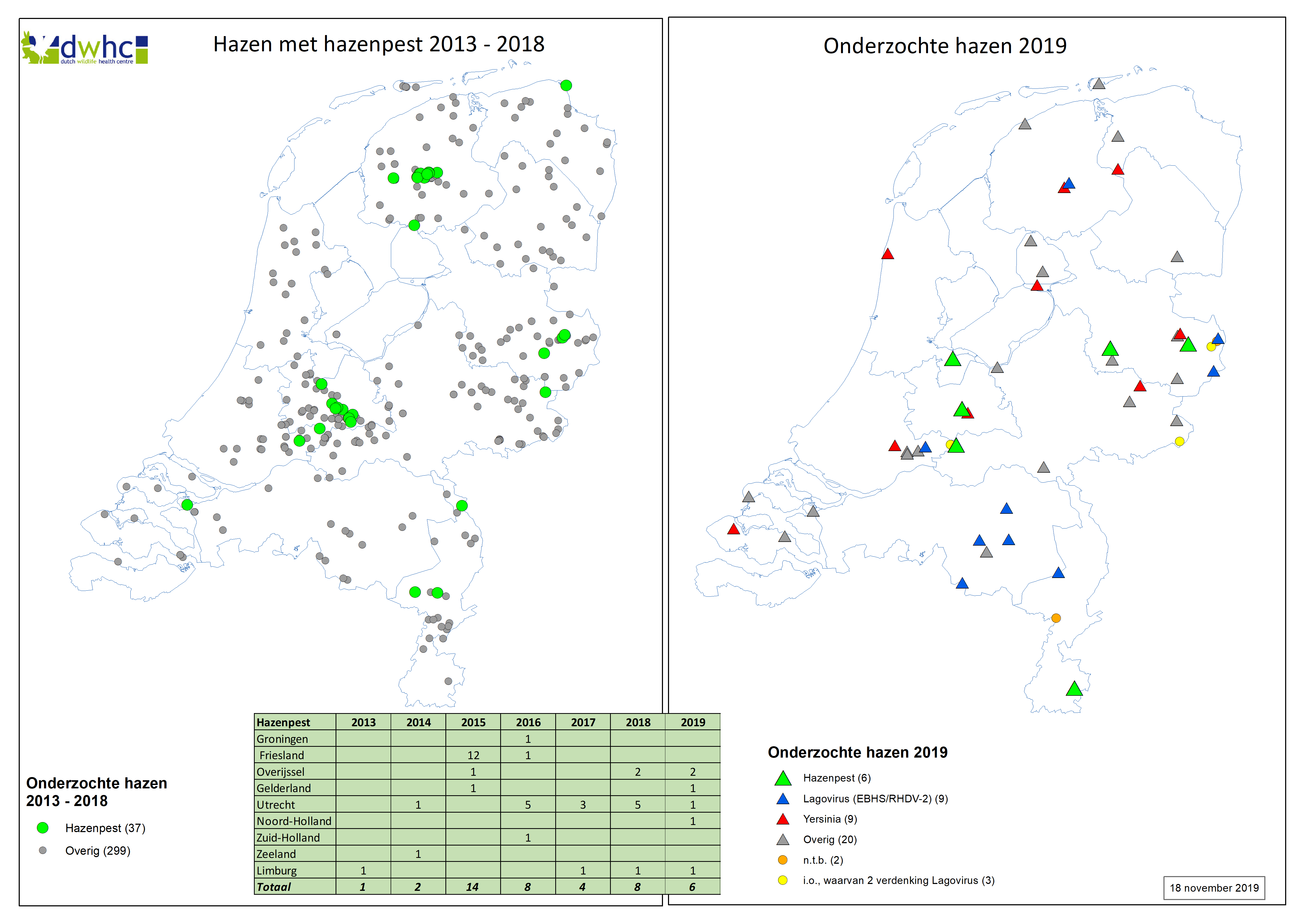 kaart met locaties waar tularemie is vastgesteld