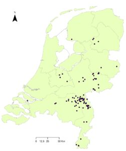 kaart met de locaties waar de 104 geteste dassen zijn doodgevonden