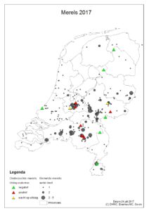 kaart van Nederland met onderzochte en gemelde dode merels